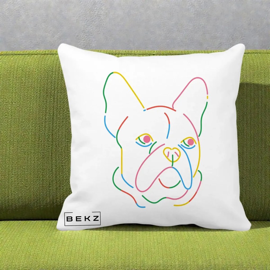 Perna Decorativa Bulldog Francez Line Art Curcubeu, 40x40 cm, Alba Mata, Husa Detasabila, Perna Inclusa, BEKZ®