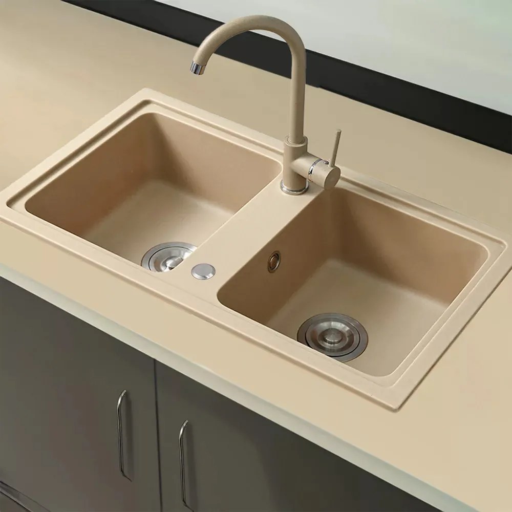 Chiuvetă pătrată Tia cu două cuve din granit, bej