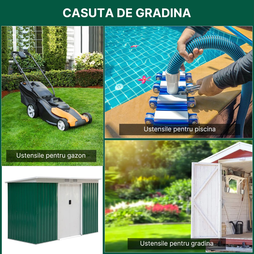 Outsunny Magazie de Grădină pentru Unelte, cu Uși Glisante și Ventilație, 277x130x173 cm, Verde | Aosom Romania