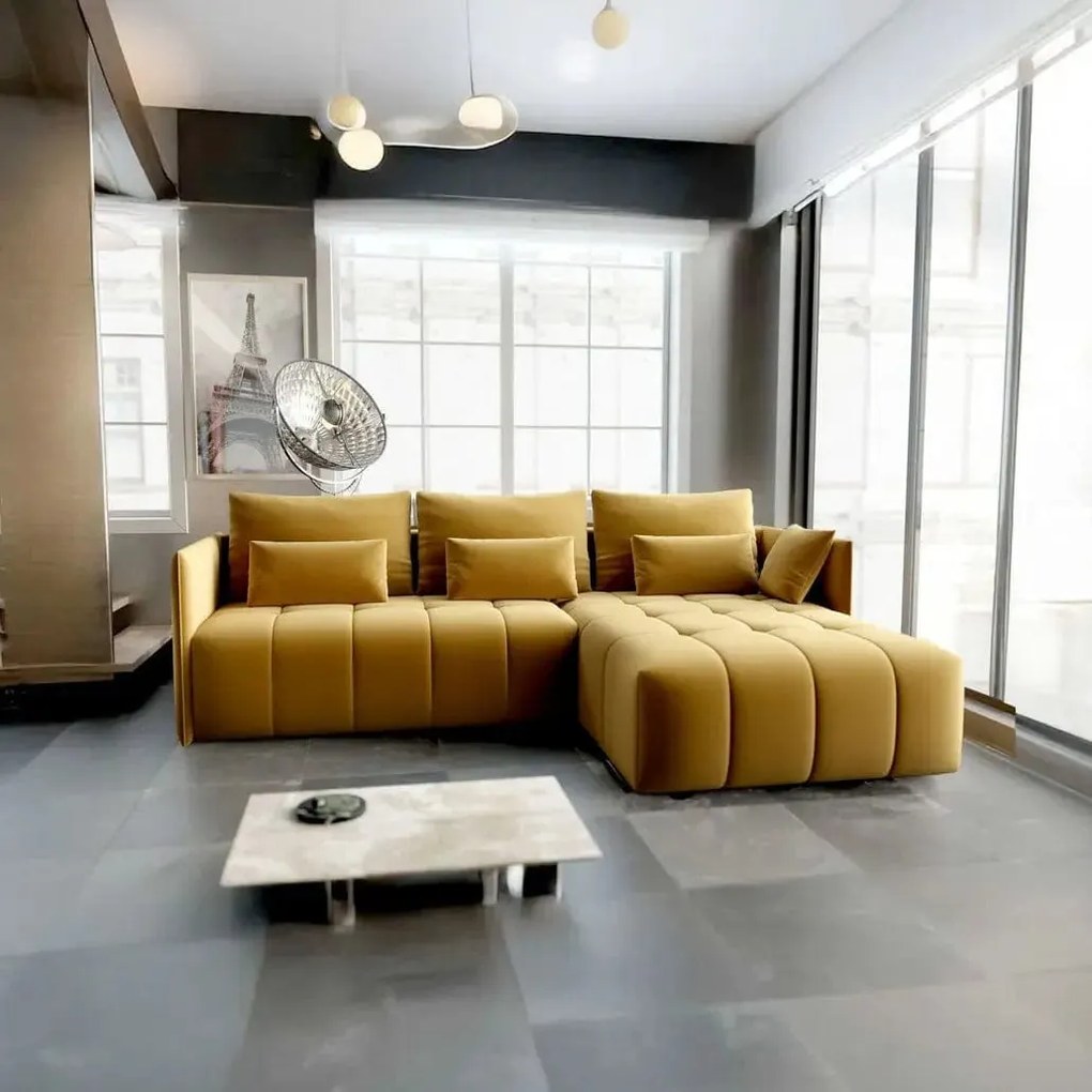 Colțar extensibil dumonde cu ladă de depozitare si sezut confortabil din spuma high-density, Malta Royal Muștar II 235x185 cm