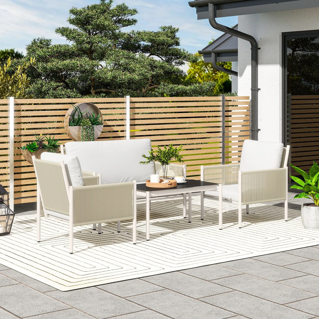 Outsunny Set mobilier de grădină din poliratan Set lounge cu canapea dublă scaun masă de sticlă perne 4 persoane Maro+Gri | Aosom Romania
