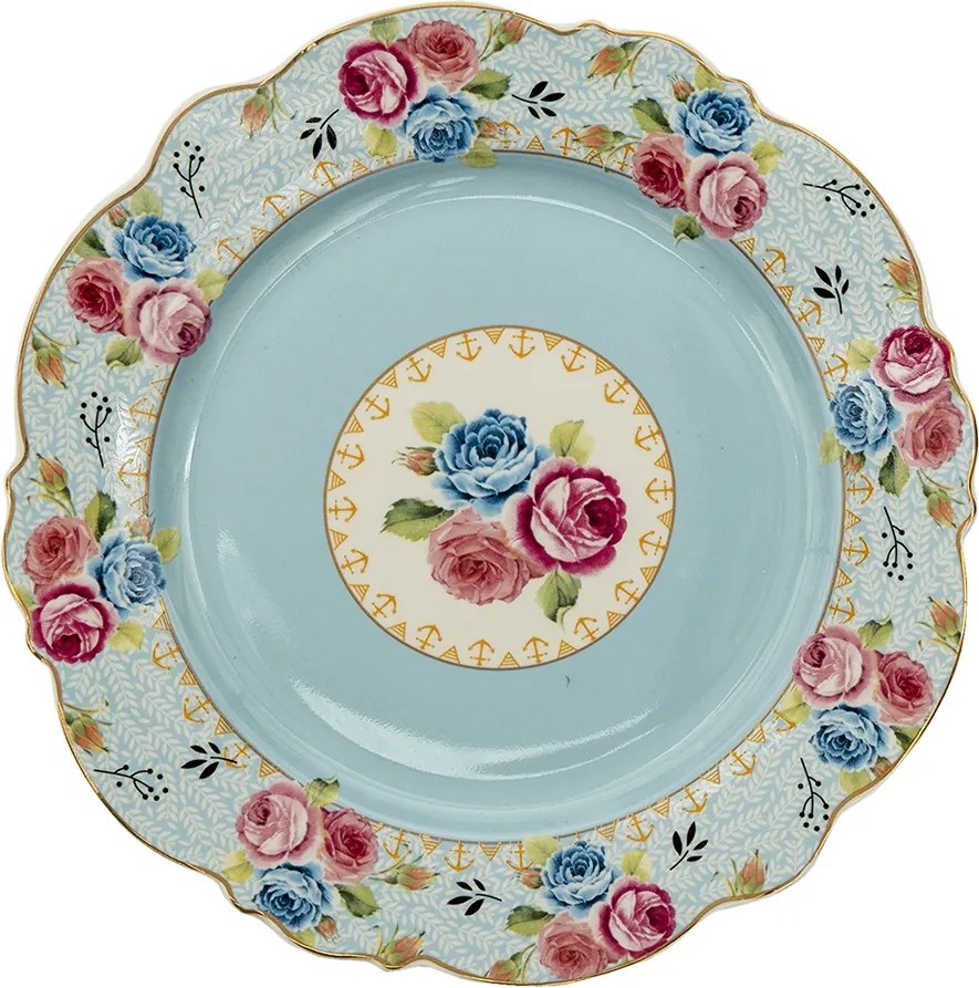 Farfurie albastra, din ceramica, cu motive florale, Ø20 cm