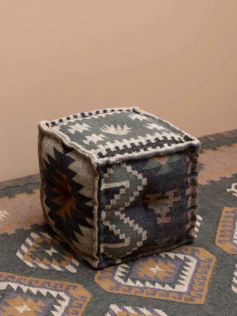Puf multicolor, din iuta naturala si lana, Summer Kilim