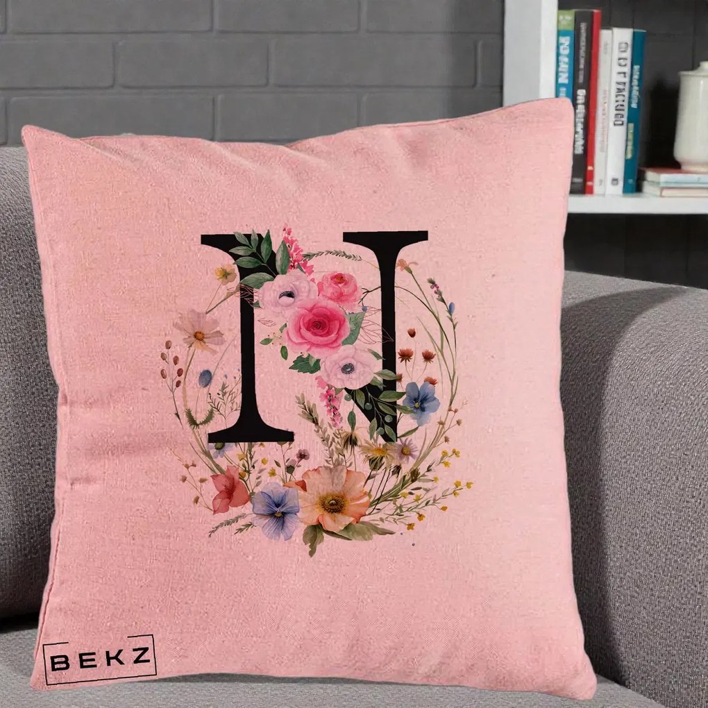 Cadou Personalizat - Perna Personalizata Monogram Litera N cu Flori Acuarela, 40x40 cm, Roz, Husa Detasabila, Perna Inclusa, BEKZ®
