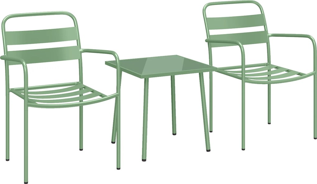 Outsunny Set bistro de grădină 3 piese - masă cu blat din sticlă securizată și 2 scaune cu șipci, cadru din oțel galvanizat, verde | Aosom Romania