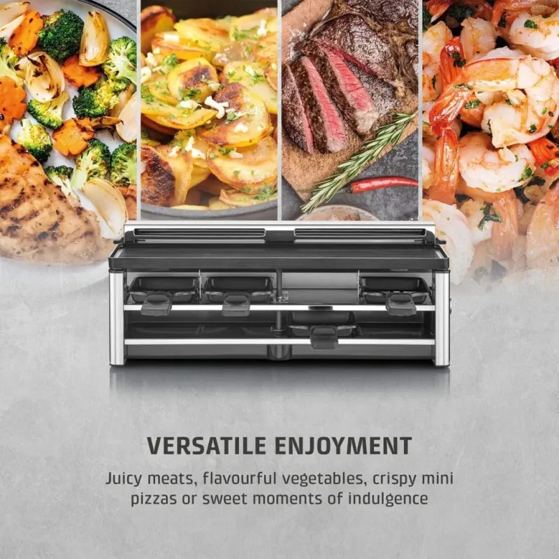 Gratar pentru raclette CASO Design Raclette AirClean, 1500 W, Placi ceramice, Sistem pentru reducerea mirosurilor si a fumului, Filtru, Otel inoxidabil