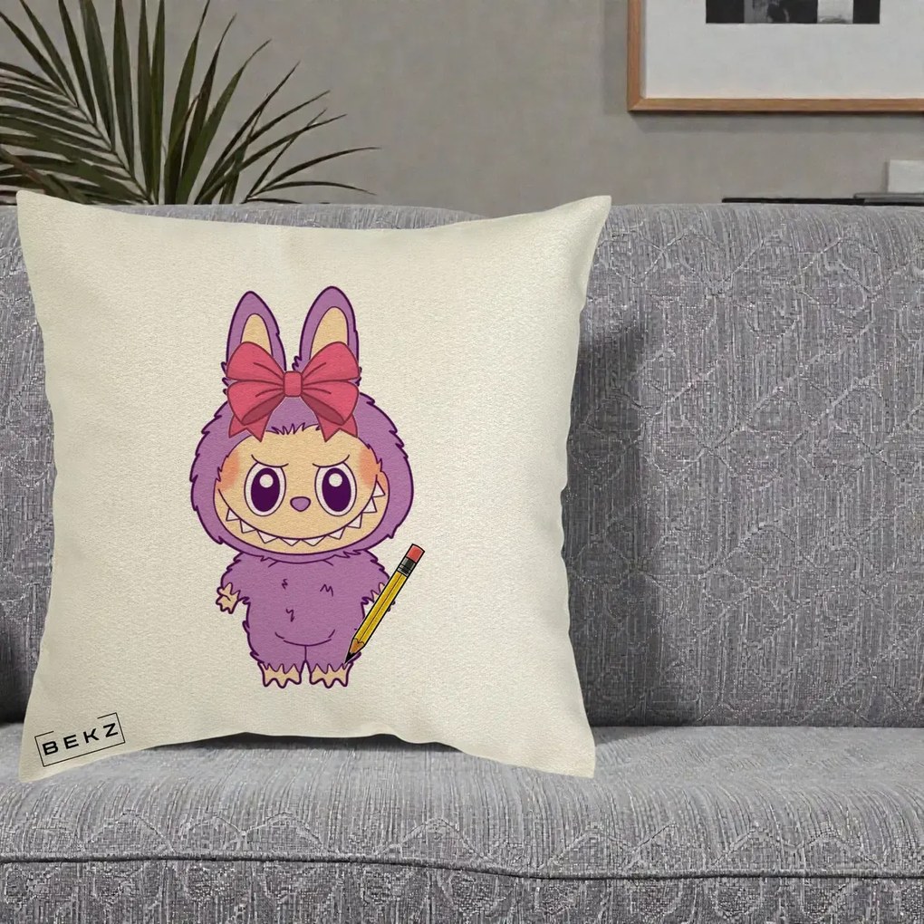 Perna Personalizata Labubu Mov cu Funda Rosie si Creion, 40x40 cm, Ecru, Husa Detasabila, Perna Inclusa, BEKZ®