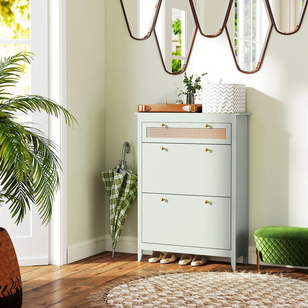 HOMCOM Sertar pentru 12 perechi de pantofi, cu 1 sertar extensibil, 2 sertare pliante, comodă pentru pantofi, 88 x 30 x 120 cm, Verde | Aosom Romania