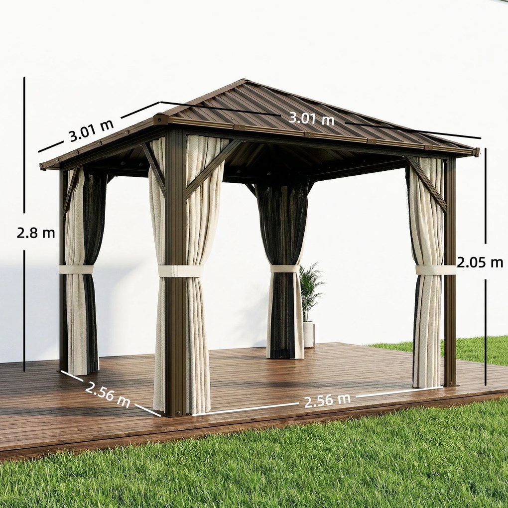 Outsunny Pavilion de grădină aprox. 3 x 3 m pavilion din aluminiu cu acoperiș din oțel Hardtop plasă anti-țânțari 4 părți, UPF50+ | Aosom Romania