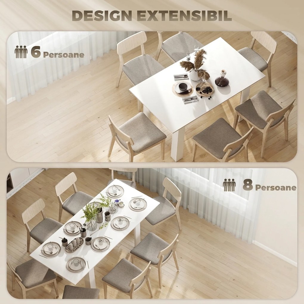 HOMCOM Masă extensibilă 140-180x80cm, albă, pentru 6-8 persoane, pentru spații mici | Aosom Romania