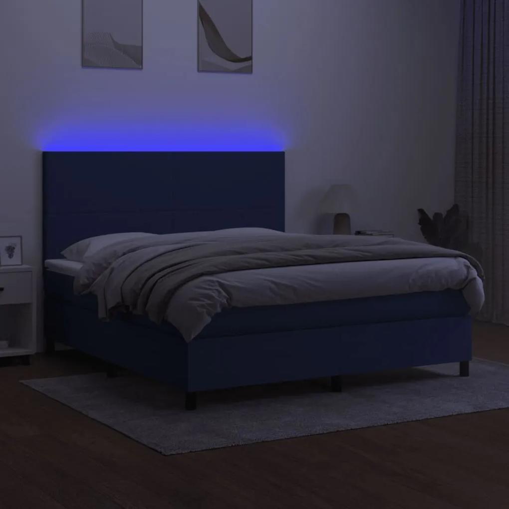 Pat cu arcuri, saltea si LED, albastru, 160x200 cm, textil Albastru, 160 x 200 cm, Design simplu