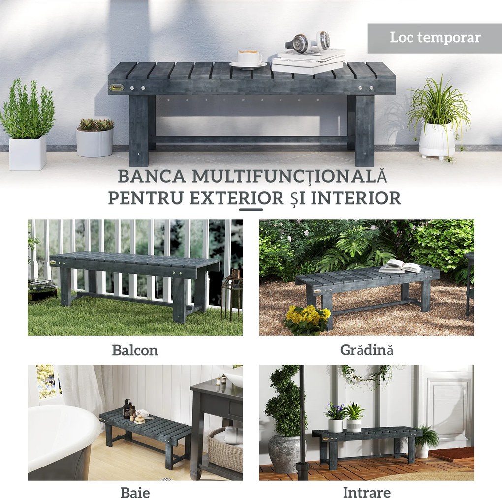 Outsunny Bancă de Grădină cu 2 Locuri, Bancă de Exterior cu Șipci din Lemn de Molid, Stil Country, Perfectă pentru Terasă, Patio sau Curte, Greutate maximă 250 kg, 110x38x35 cm, Gri | Aosom Romania