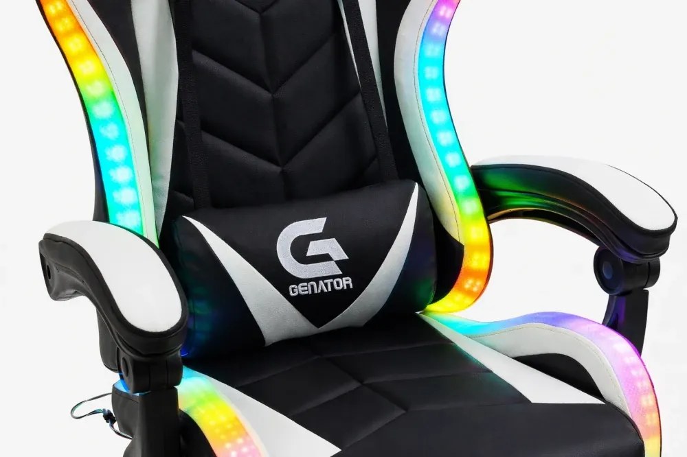 Scaun gaming, sistem iluminare bandă LED RGB, masaj în perna lombară, suport picioare, Negru/Alb