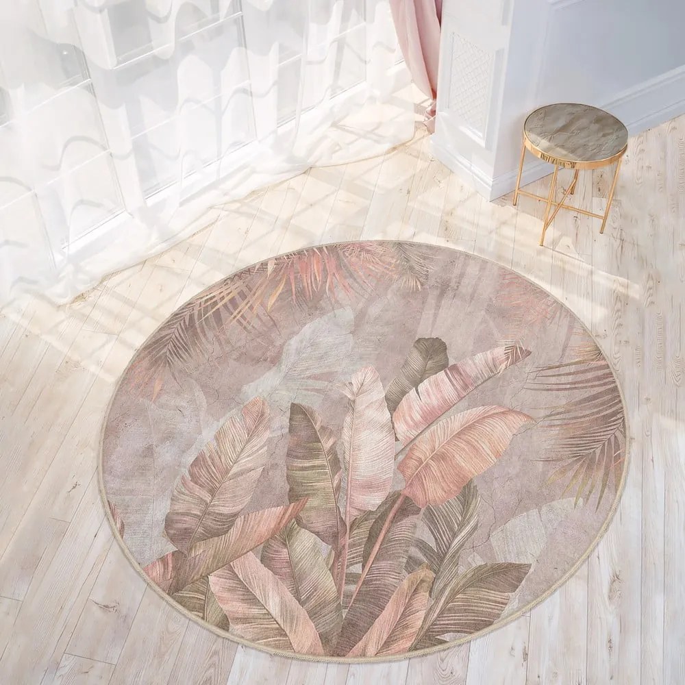 Covor roz deschis lavabil rotund ø 100 cm Dusty Leaves – Mila Home