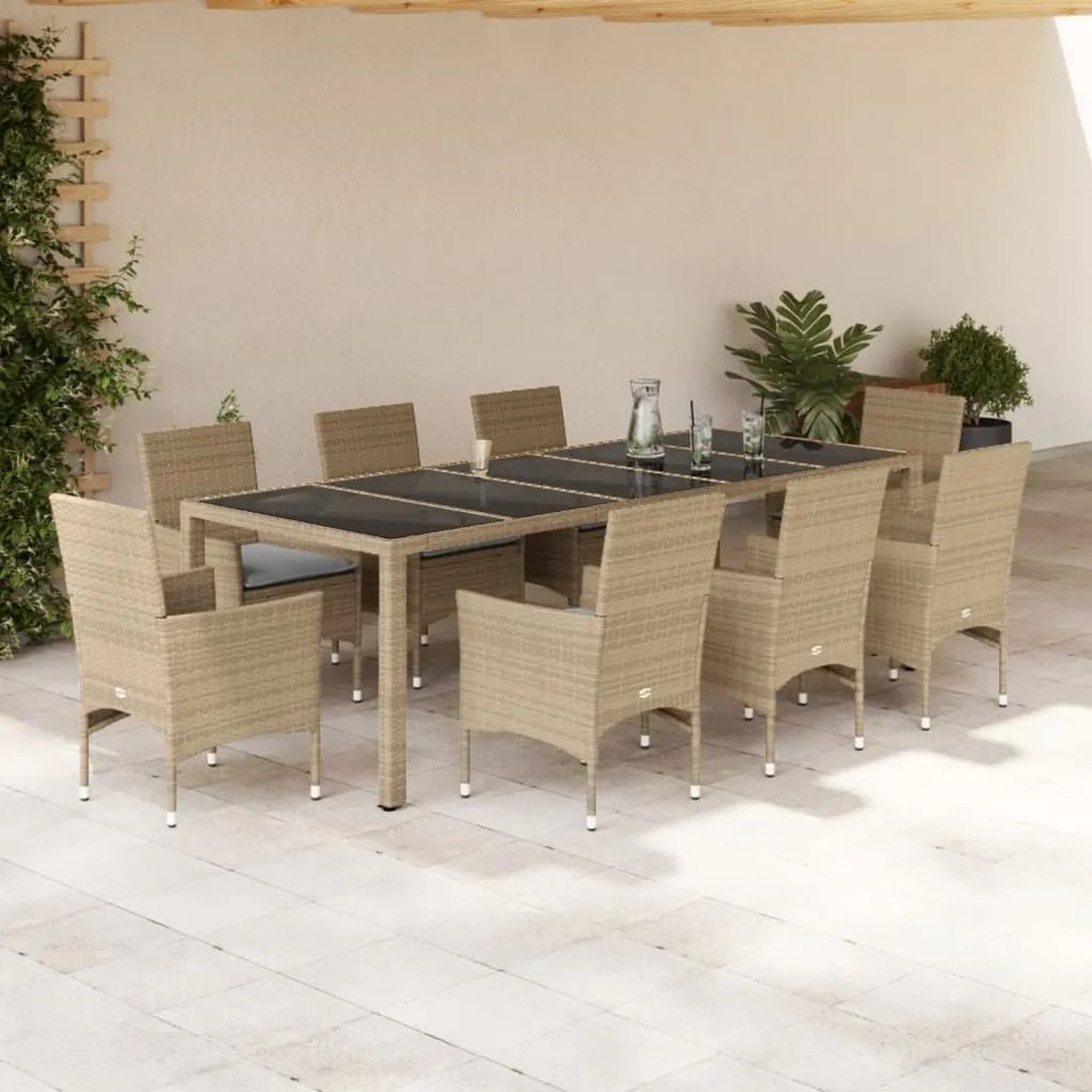 vidaXL Set mobilier de grădină cu perne 9 piese bej poliratan &amp; sticlă