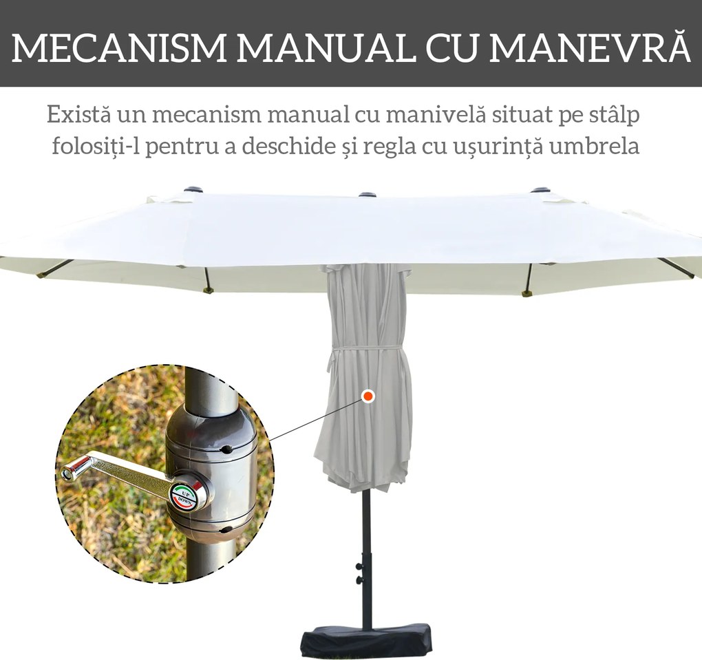 Outsunny Umbrelă Dublă cu 12 Spițe, Bază în Cruce și Manivelă, din Oțel și Poliester, 455x265x238 cm, Bej | Aosom Romania