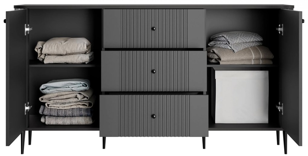 Comodă cu sertare Vesper 160 cm pe picioare - negru / picioare negre