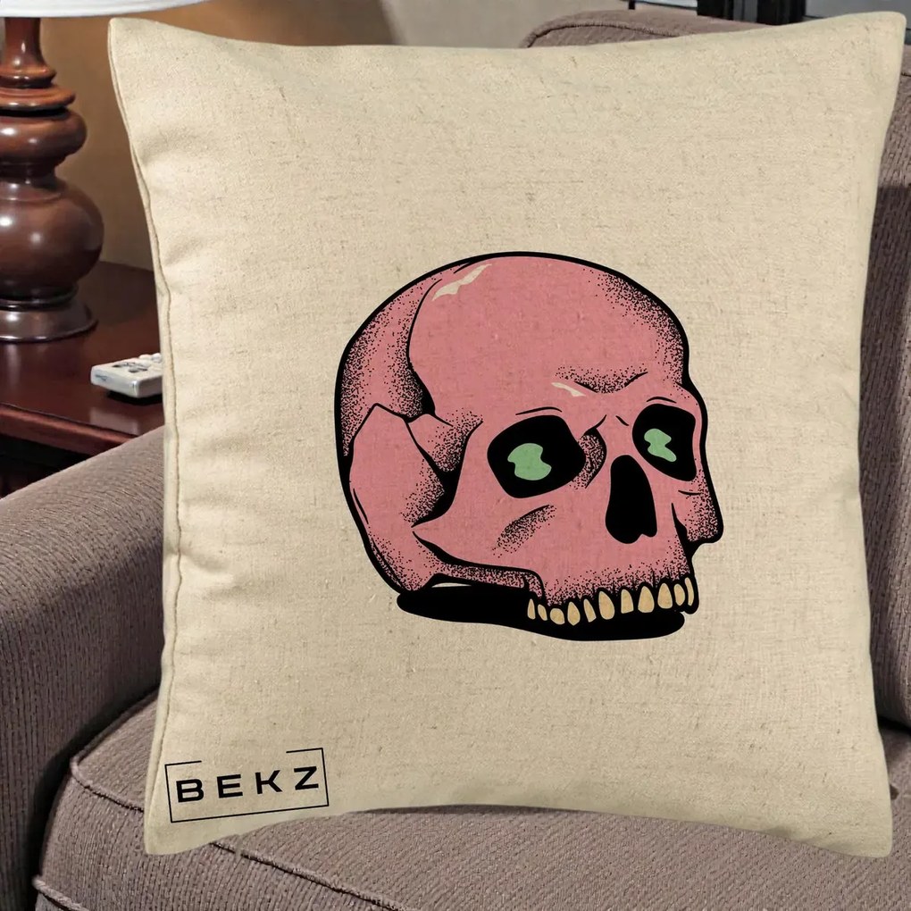 Perna Decorativa Craniu Roz Tatoo Art Halloween, 40x40 cm, Bej, Husa Detasabila, Perna Inclusa, BEKZ®