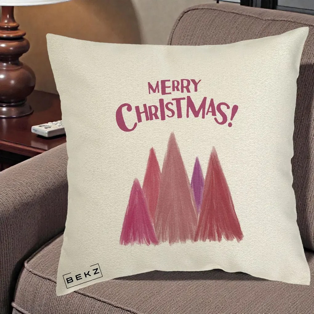 Perna Decorativa Merry Christmas Brazi Roz, 40x40 cm, Ecru, Husa Detasabila, Perna Inclusa, BEKZ®