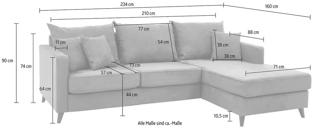 Colțar fix pe dreapta, material catifelat, culoare albastru imperial, picioare înalte, 234x160 cm