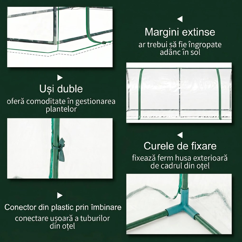 Outsunny Tunel de oțel pentru grădină cu seră și capac din PVC, 200x100x80 cm, transparent și verde | Aosom Romania