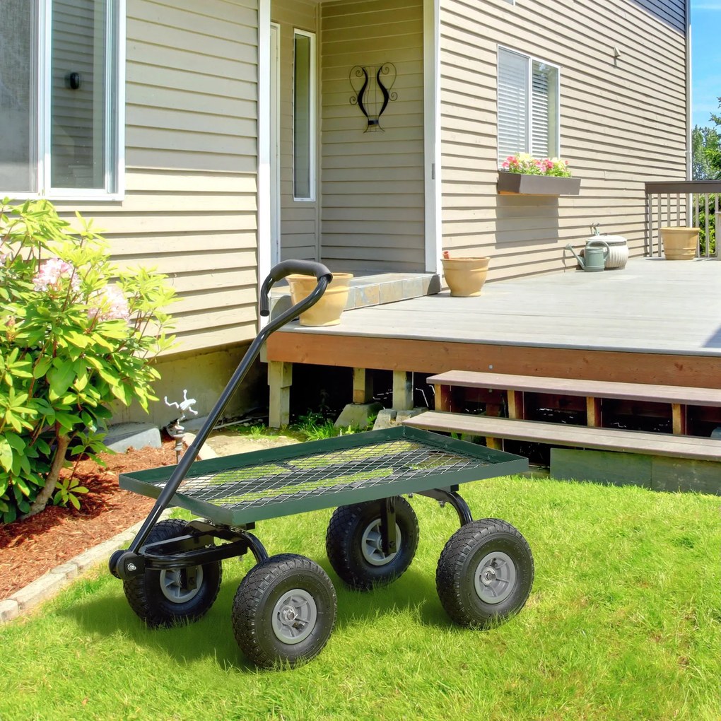 Outsunny Roabă de Grădină cu Mâner și 4 Roți Mari, Capacitate 150 kg, 94x48,5x100 cm, Verde | Aosom Romania