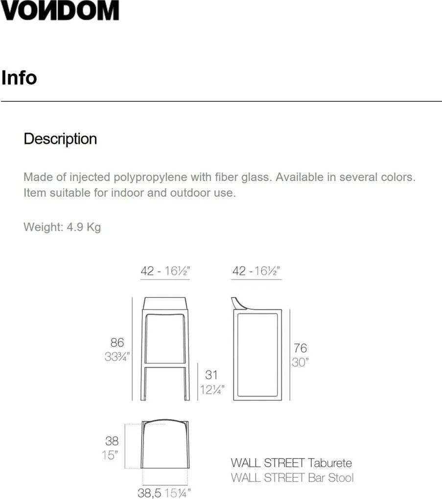 Set de 2 Scaune exterior / interior design modern premium WALL STREET H-86cm 65017 Vondom
