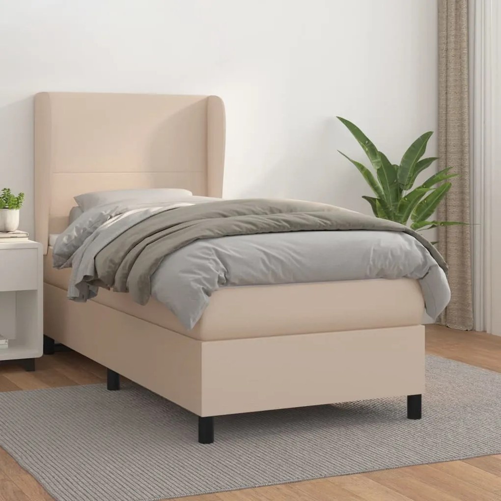 3128888 vidaXL Pat box spring cu saltea, cappuccino, 90x190 cm piele ecologică