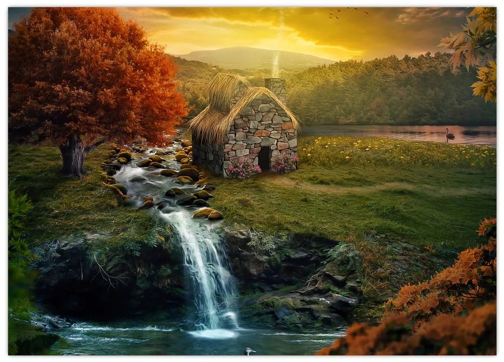 Tablou cu căbănuță în peisaj de poveste (70x50 cm)