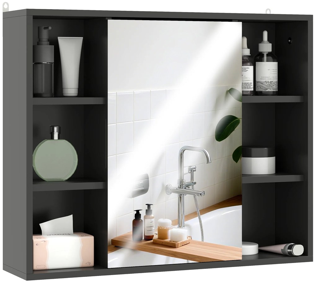 HOMCOM Mobilier baie cu oglindă, dulap cu uși și 6 compartimente deschise, 60 x 14,5 x 49,4 cm, negru | Aosom Romania