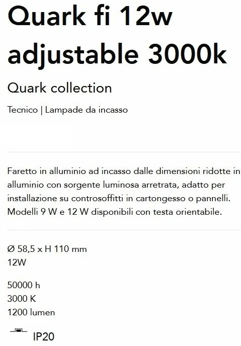 Mini Spot LED incastrabil, ajustabil Quark fi 12w 3000k, Negru