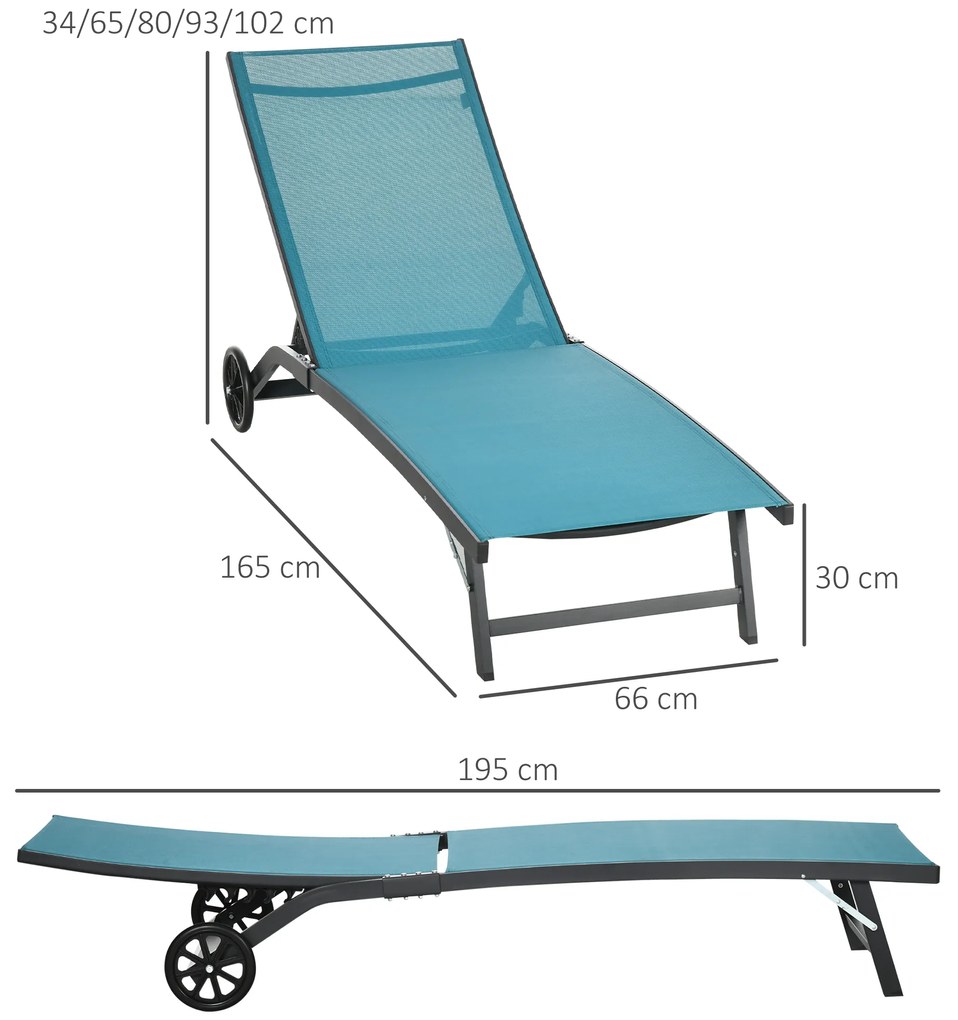 Outsunny Set de 2 Șezlonguri Rabatabile pe 5 Niveluri, Șezlonguri din Aluminiu și Țesătură Respirabilă, 66x165x102 cm, Albastru | Aosom Romania