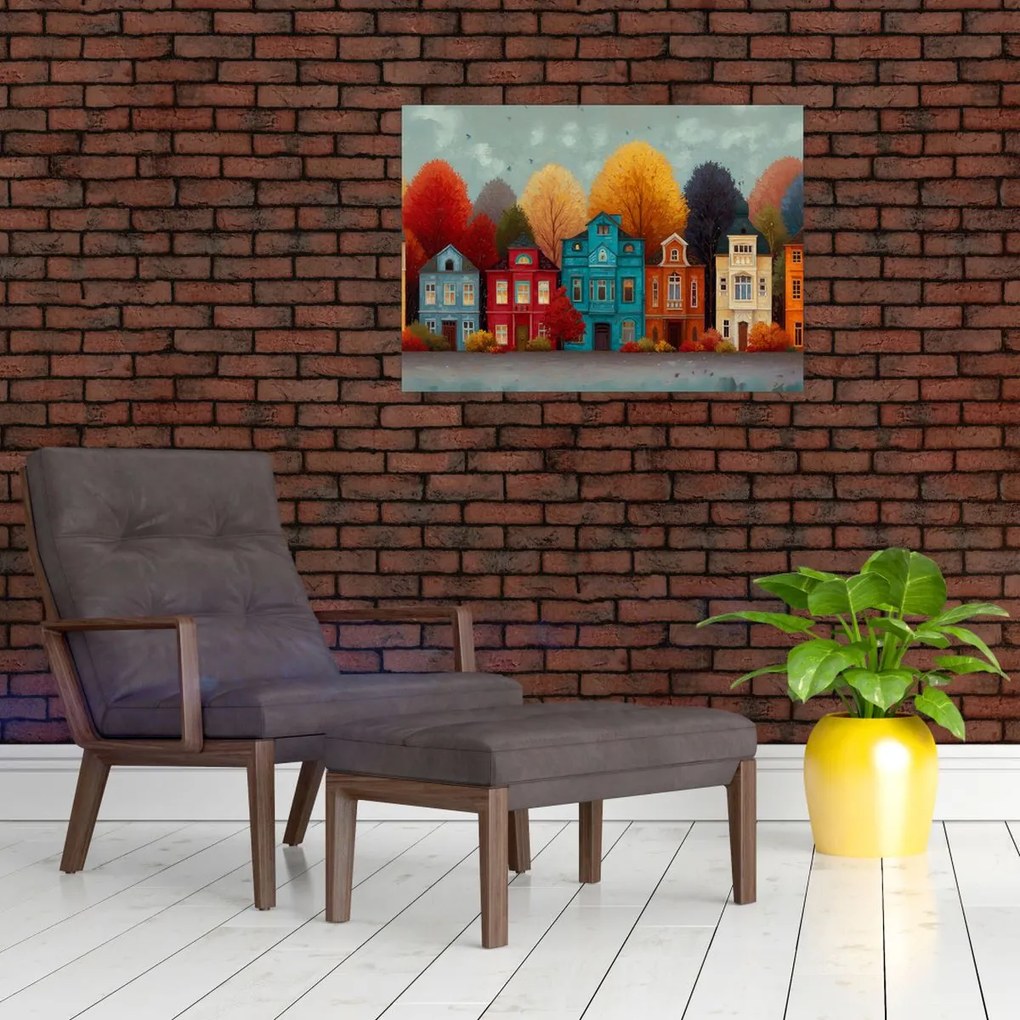 Tablou pe sticlă - Oraș de toamnă pictat (70x50 cm)