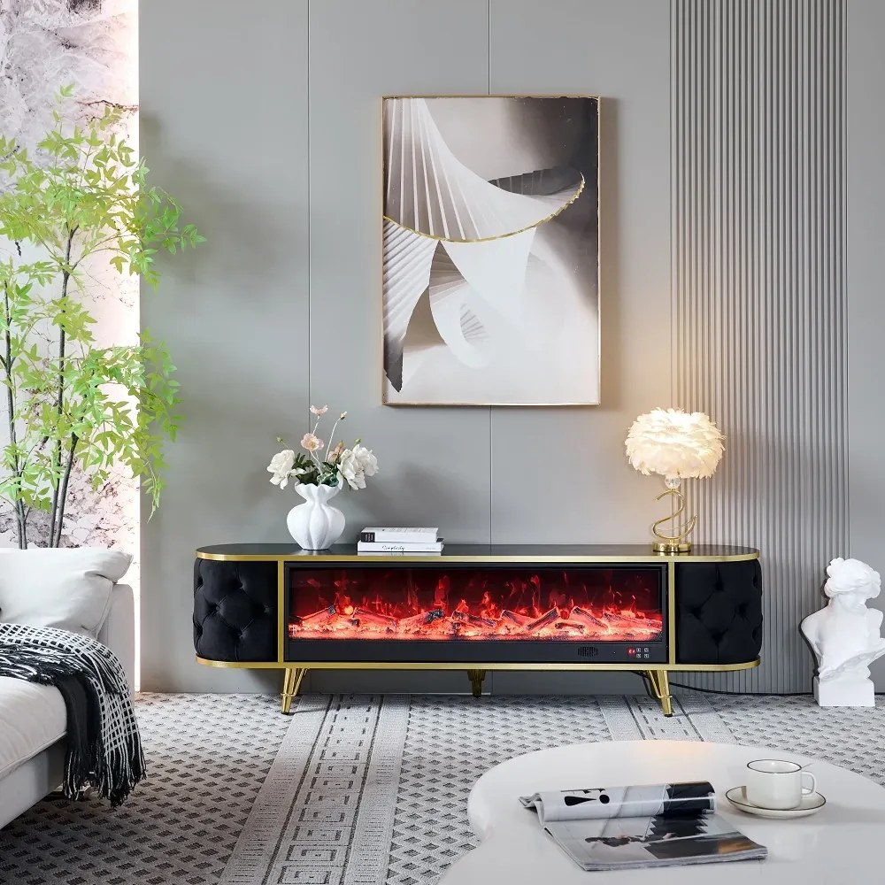 Șemineu electric cu efect LED realist cu 12 culori, Comodă TV cu design oval, control vocal și telecomandă, fără încălzire, 180 cm, Negru
