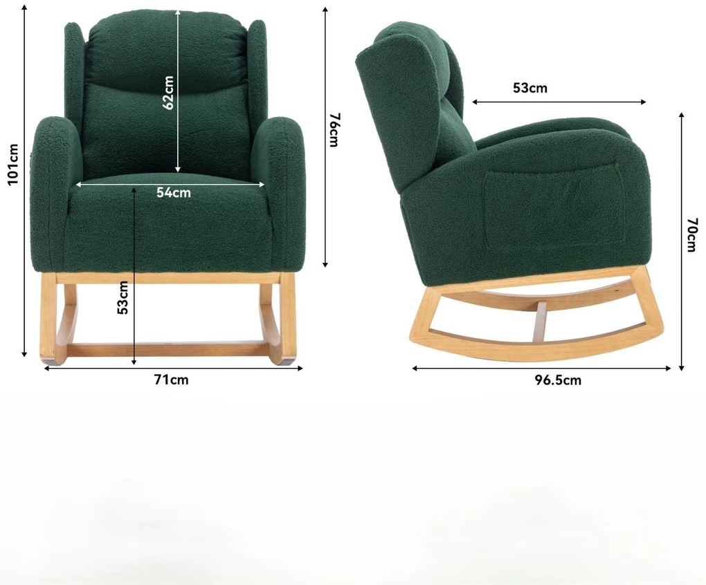 Scaun balansoar modern cu husă din material Teddy, fotoliu cu design ergonomic cu spătar înalt, pentru living și dormitor, 71x96,5x101 cm, Verde