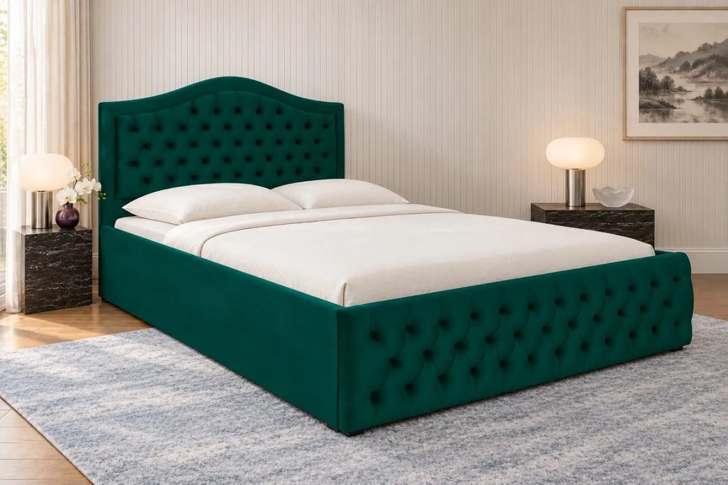 Pat tapițat din catifea Solaria 140×200 cm, verde, cu ladă de depozitare