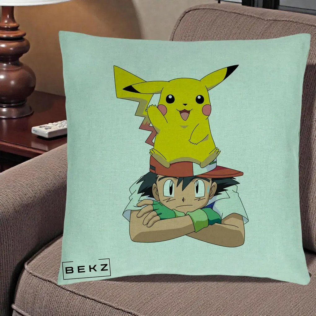 Perna Personalizata Ash si Pikachu, 40x40 cm, Verde Menta, Husa Detasabila, Perna Inclusa, BEKZ®