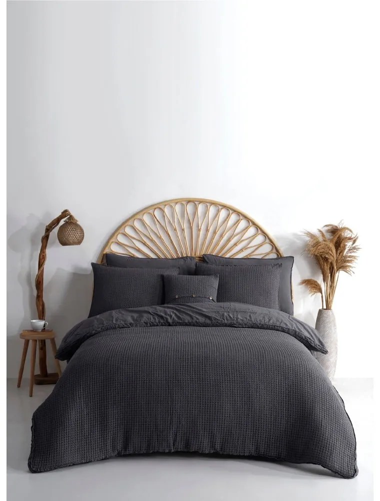 Lenjerie de pat gri antracit din bumbac ranforcé pentru pat dublu, extinsă 240x220 cm Waffle Striped – Mila Home Luxury