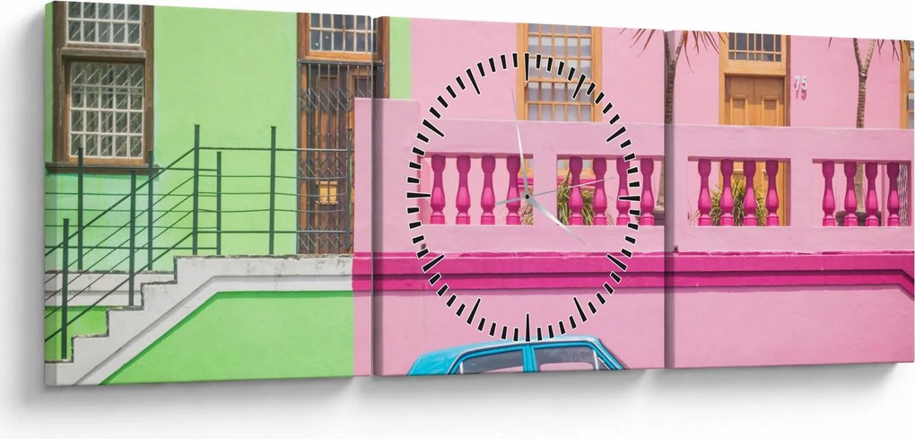 Tablou cu mașina - casele colorate (cu ceas) (90x30 cm)