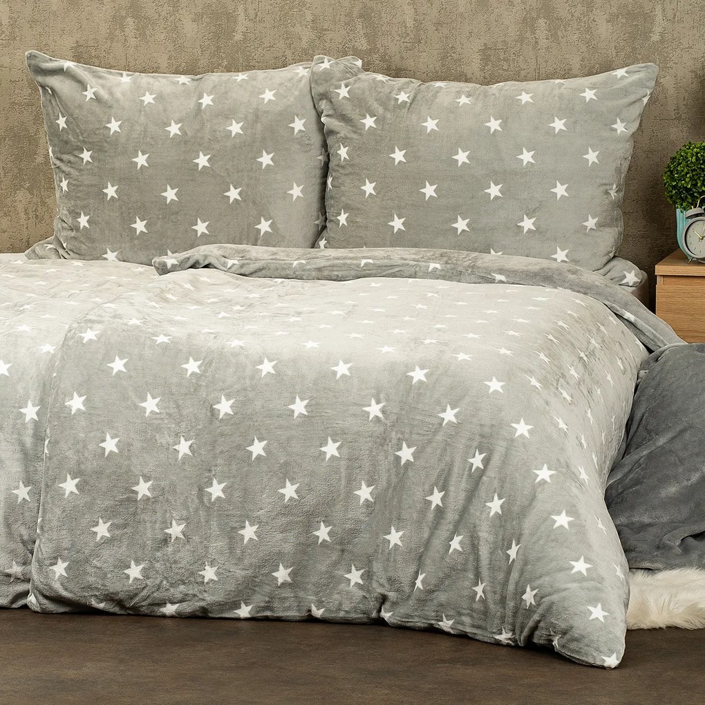 Lenjerie de pat microflanel 4Home Stars gri , 140x 200 cm, 70 x 90 cm