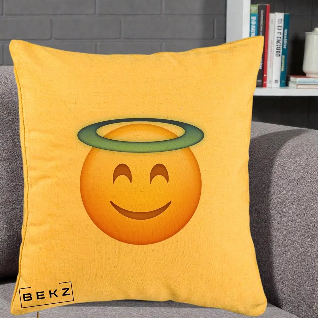 Perna Decorativa Emoji Inger cu Aureola, 40x40 cm, Galben, Husa Detasabila, Perna Inclusa, BEKZ®
