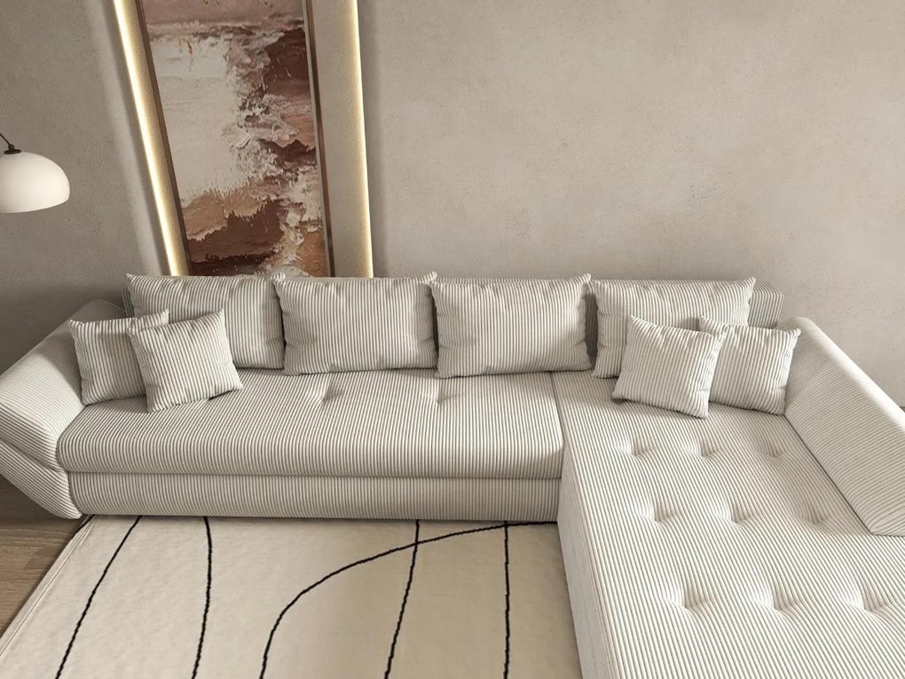 Colțar extensibil dumonde cu ladă de depozitare si sezut confortabil din spuma high-density, Loana XL Zoom Cream II 335x185 cm