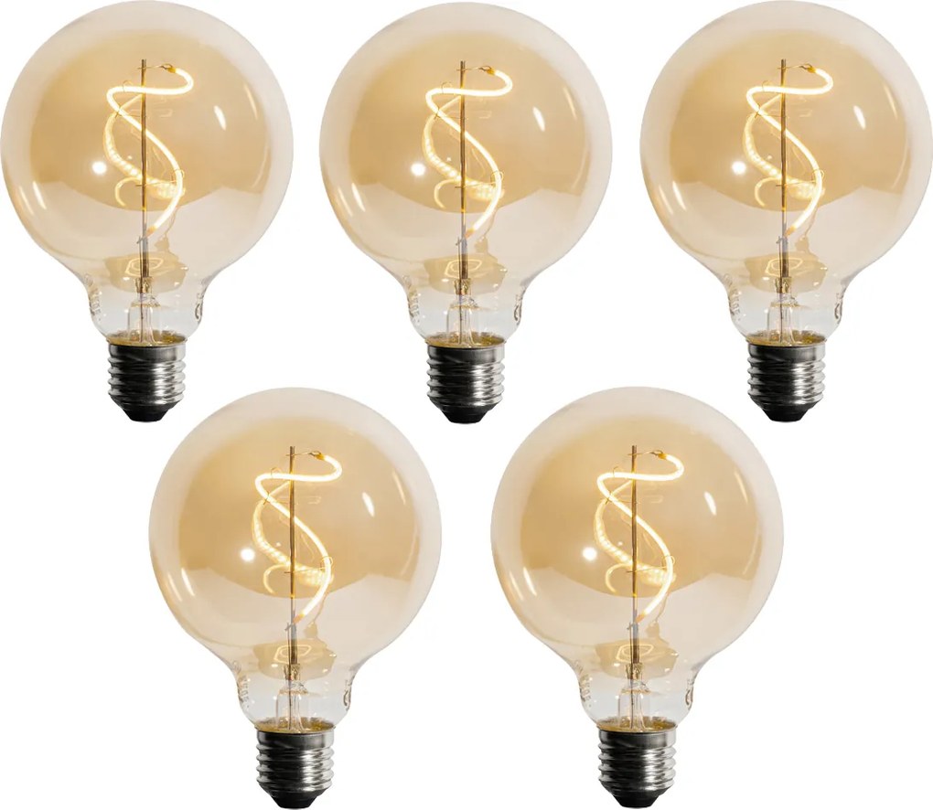 Set de 5 becuri LED E27 dimabile cu filament spiralat G95 4W 270 lm 2200K