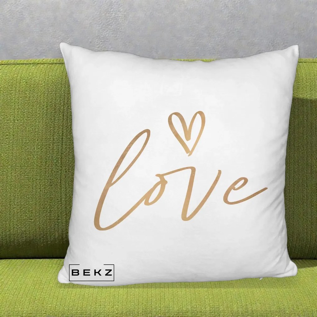 Perna Decorativa Love Caligrafie Aurie, 40x40 cm, Alb Pufos, Husa Detasabila, Perna Inclusa, BEKZ®