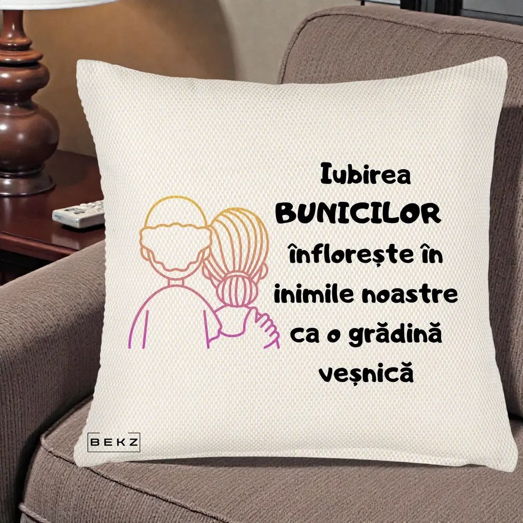 Cadou pentru Bunici - Perna Personalizata Iubirea Bunicilor Infloreste Cuplu Line Art Gradient, 40x40 cm, Crem Reliefat, Husa Detasabila, Perna Inclusa, BEKZ®