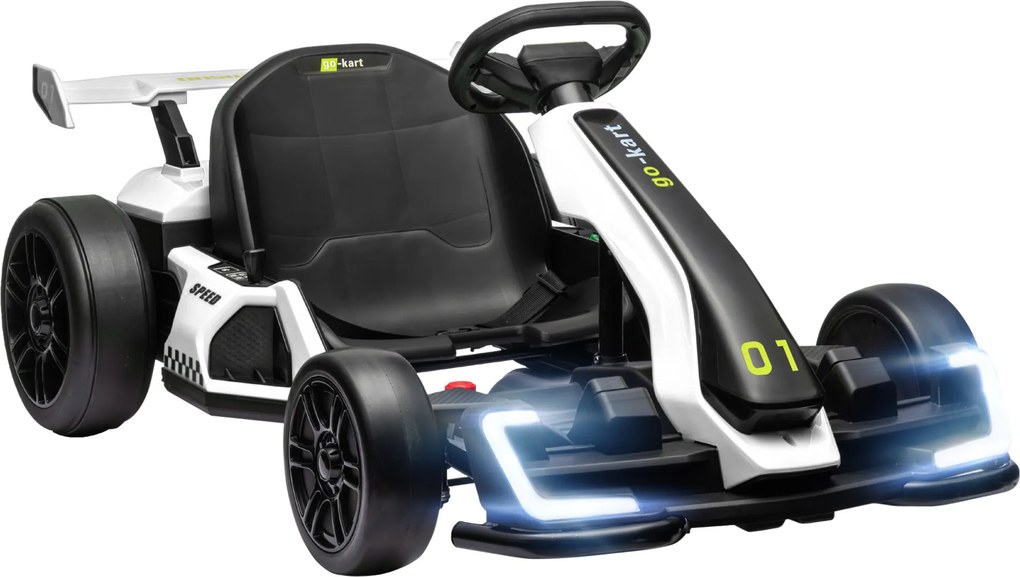 Kart electric pentru copii cu vârsta între 6-12 ani 24V 12km/h cu scaun reglabil, Drift Go-kart cu claxon, lumini, alb HOMCOM | Aosom Romania