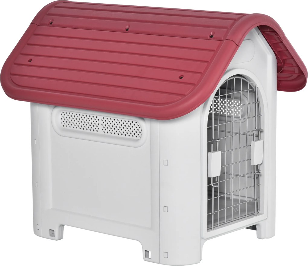 PawHut Cușcă pentru câini exterior și interior ușă dublă din metal și ventilație multiplă 59 x 75 x 66 cm roșu | Aosom Romania
