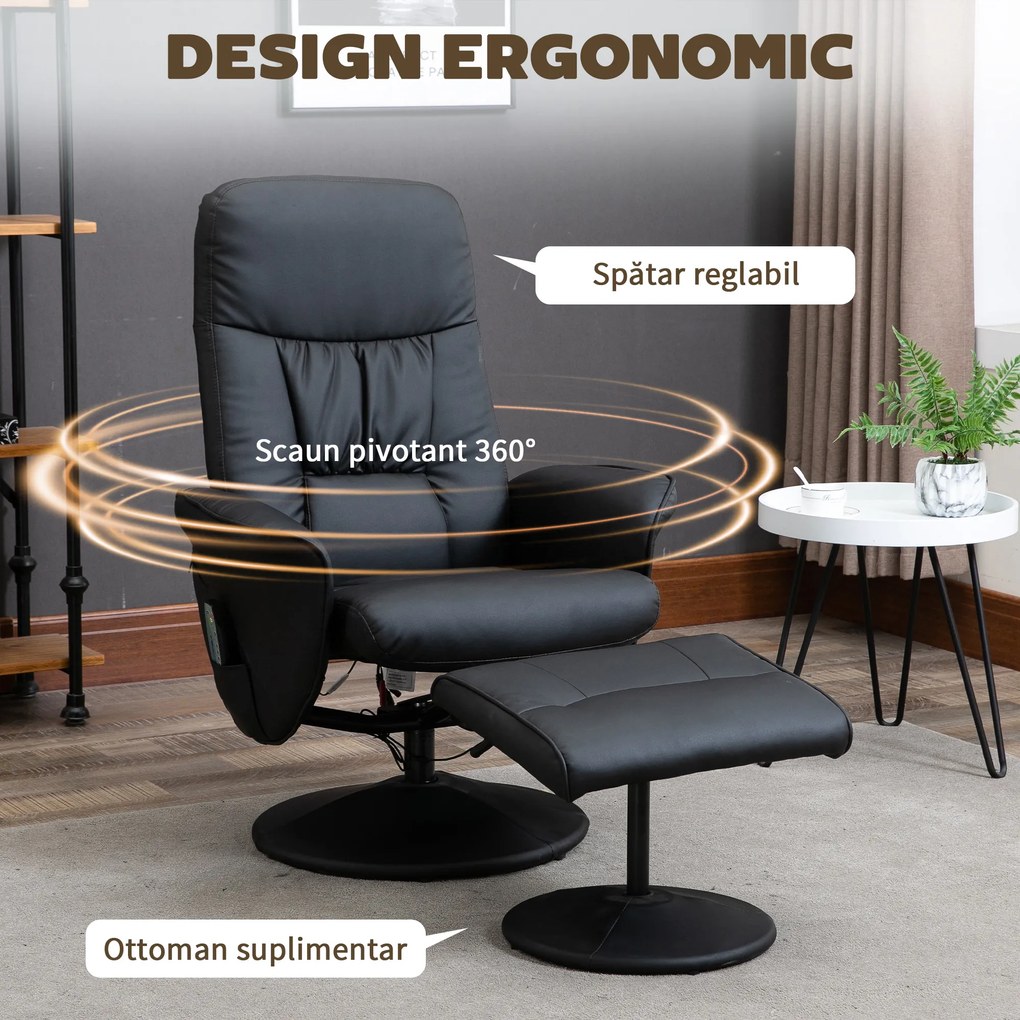 HOMCOM Fotoliu Relaxant cu Suport pentru Picioare, Reclinabil 145° cu Șezut Rotativ, cu 10 Puncte de Masaj, Negru | Aosom Romania