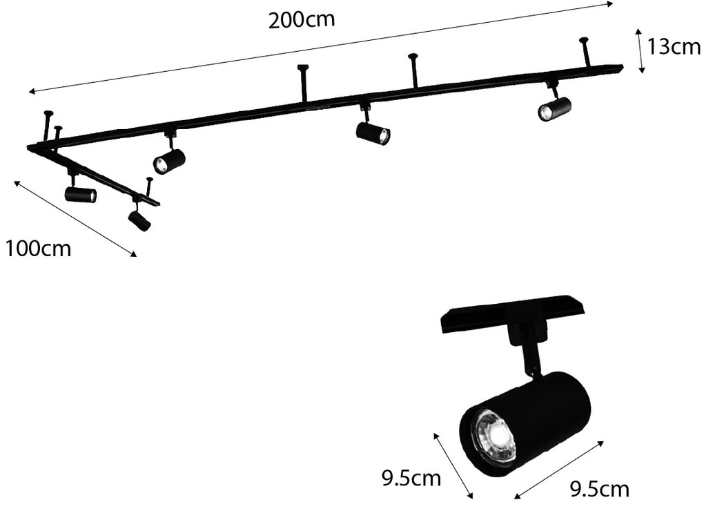 Sistem modern de iluminat pe șină suspendat cu 5 spoturi negre monofazate - Iconic Jeana