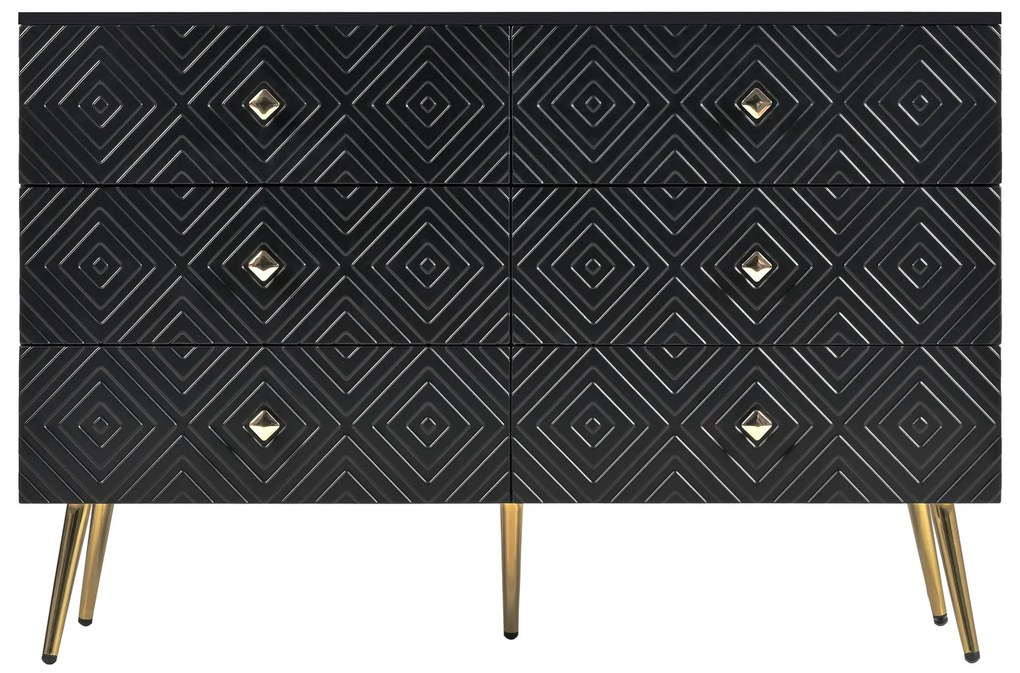 Comodă cu 6 sertare, cu model geometric și mânere în formă de diamant, pentru dormitor și living, 120x40x80 cm, Negru